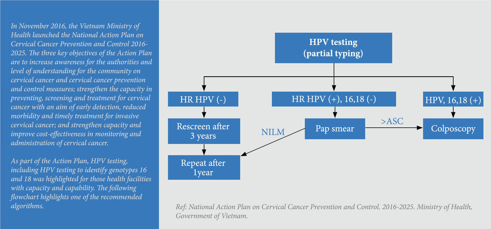 Flowchart on the recommended algorithms of using HPV testing to identify genotypes of 16 and 18. Roche Diagram healthcare magazine publications